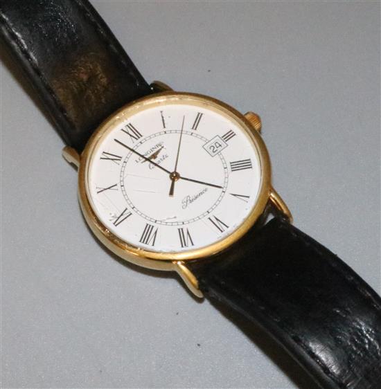 Gentlemans Longines gold-plated Presence wristwatch with Roman dial and date aperture